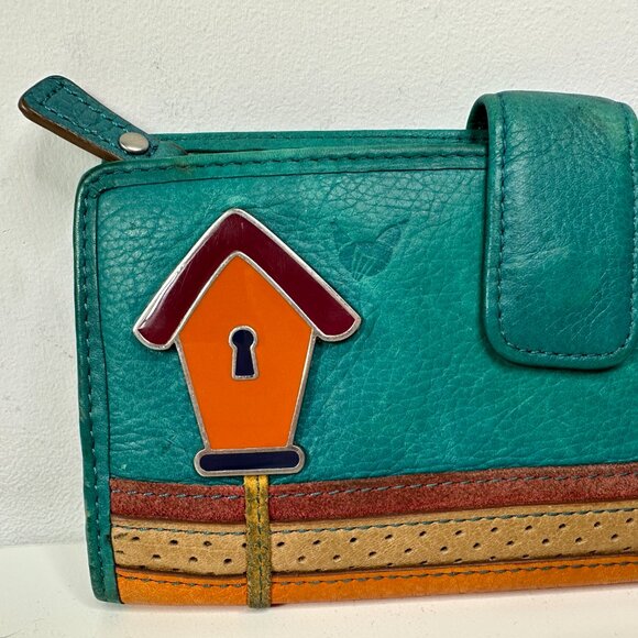 Fossil Birdhouse Wallet Teal Green Snap Button Credit Cards Bill Coins ID - Picture 3 of 13